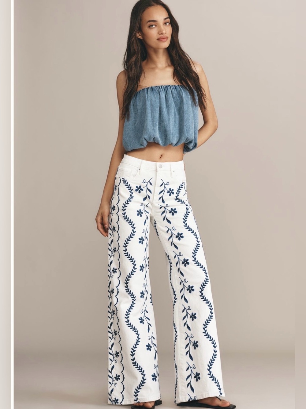 DRIFTWOOD White Wide-Leg Pants with Navy Floral Embroidery